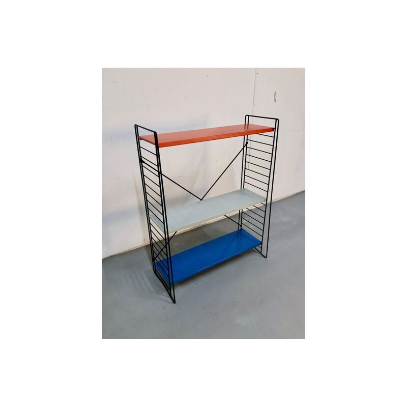 Etagere murale vintage par A. D. Dekker pour Tomado en métal rouge gris et bleu 1960