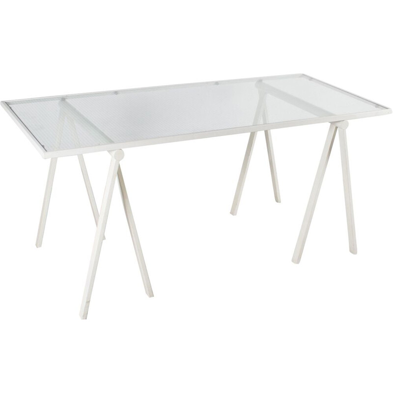 Vintage Italian table by Rodney Kinsman in white metal and glass 1970