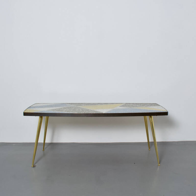 Vintage german coffee table by Berthold Muller in mosaic and brass