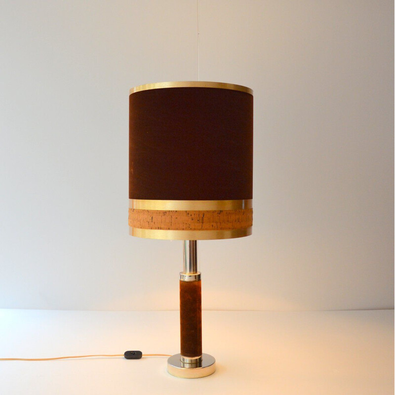 Lampe de table vintage en laiton, velours et liège 1970s