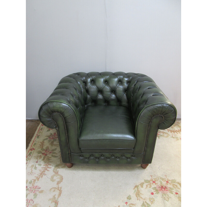 Vintage green leather chesterfield armchair 1990