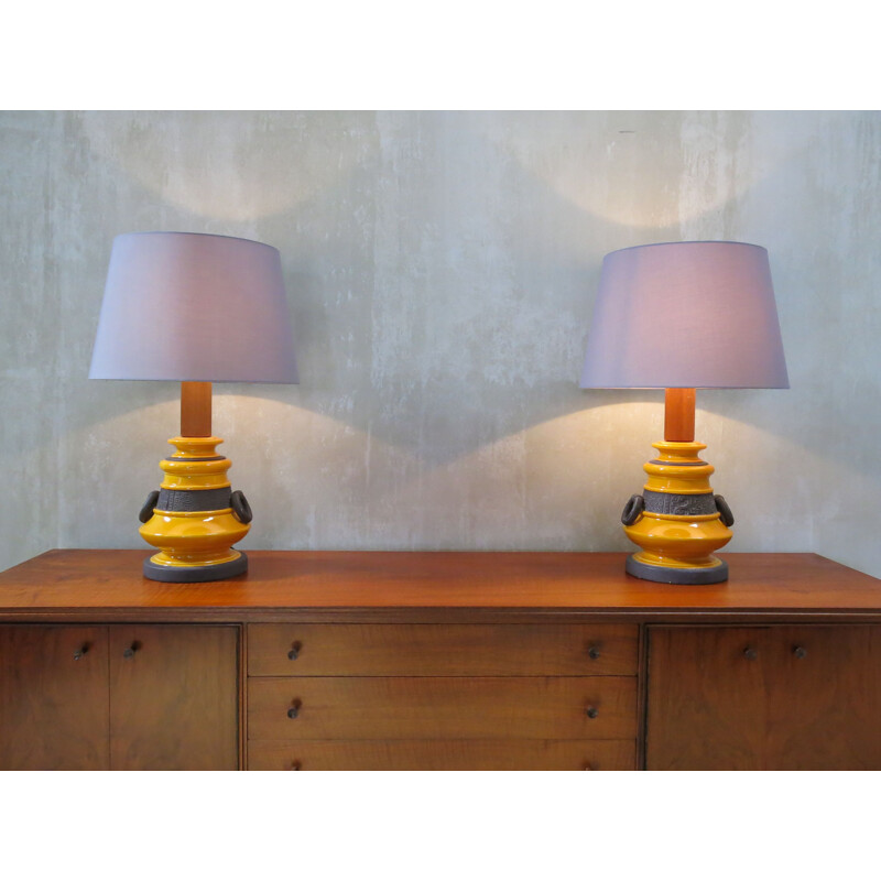 Pair of vintage table lamps in orange and brown ceramic 1960s