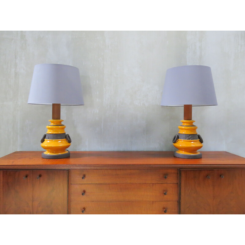 Pair of vintage table lamps in orange and brown ceramic 1960s