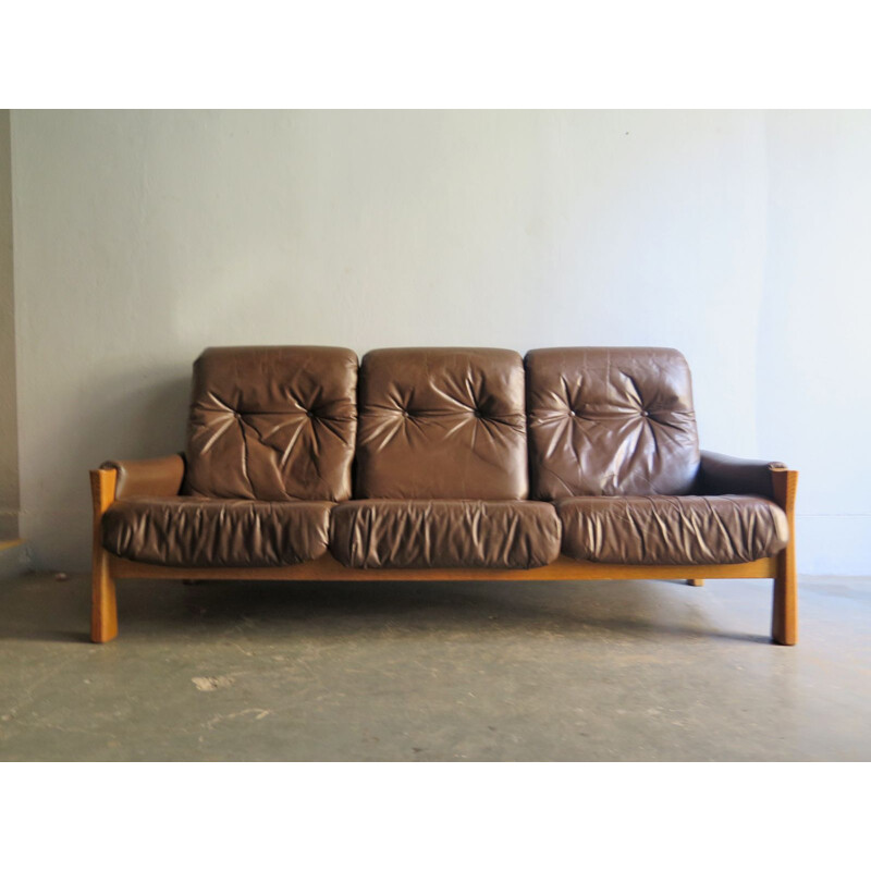 Vintage Scandinavian 3-seater sofa in oak and leather from the 50s