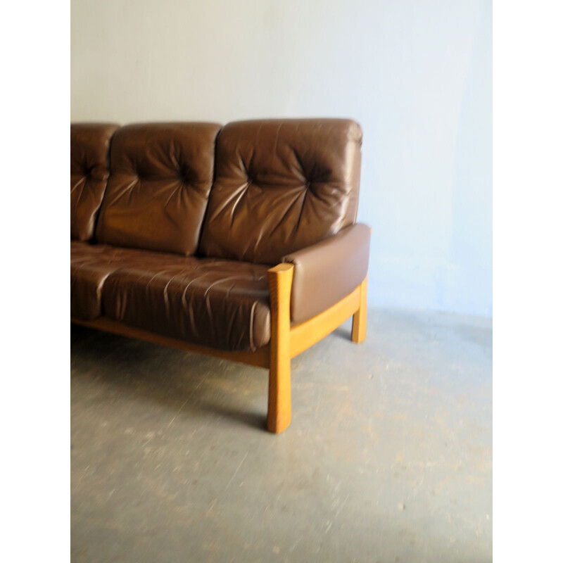 Vintage Scandinavian 3-seater sofa in oak and leather from the 50s