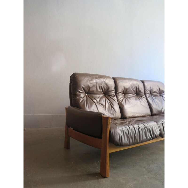 Vintage Scandinavian 3-seater sofa in oak and leather from the 50s