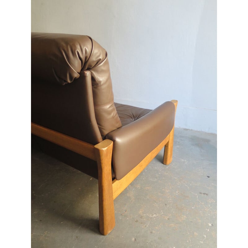 Vintage Scandinavian 3-seater sofa in oak and leather from the 50s