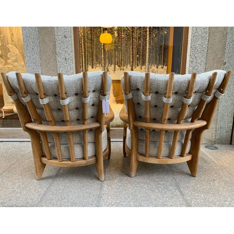 Pair of vintage armchairs by Guillerme and Chambron in grey fabric and wood 1960