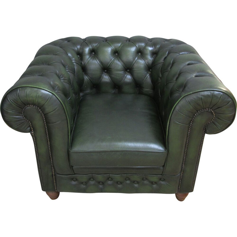 Vintage green leather chesterfield armchair 1990