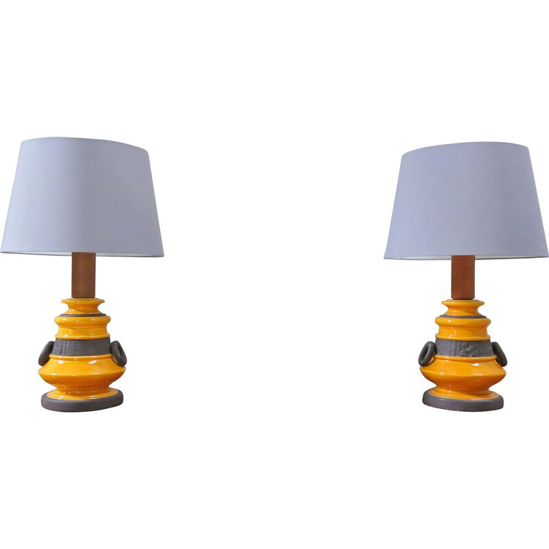 Pair of vintage table lamps in orange and brown ceramic 1960s