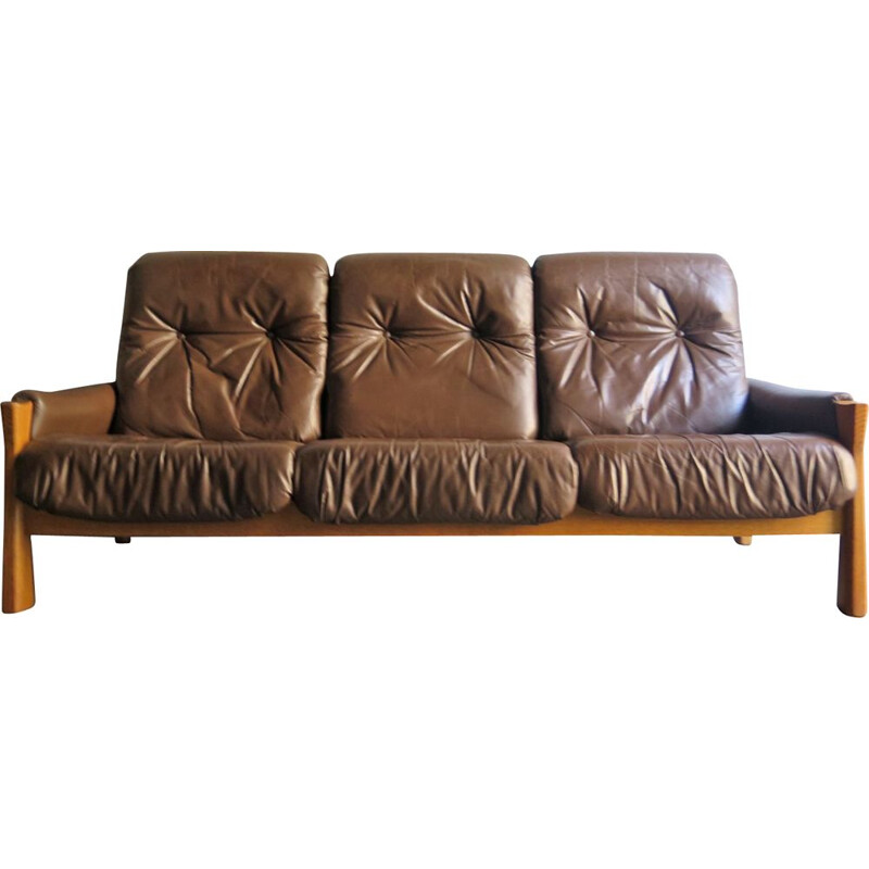 Vintage Scandinavian 3-seater sofa in oak and leather from the 50s