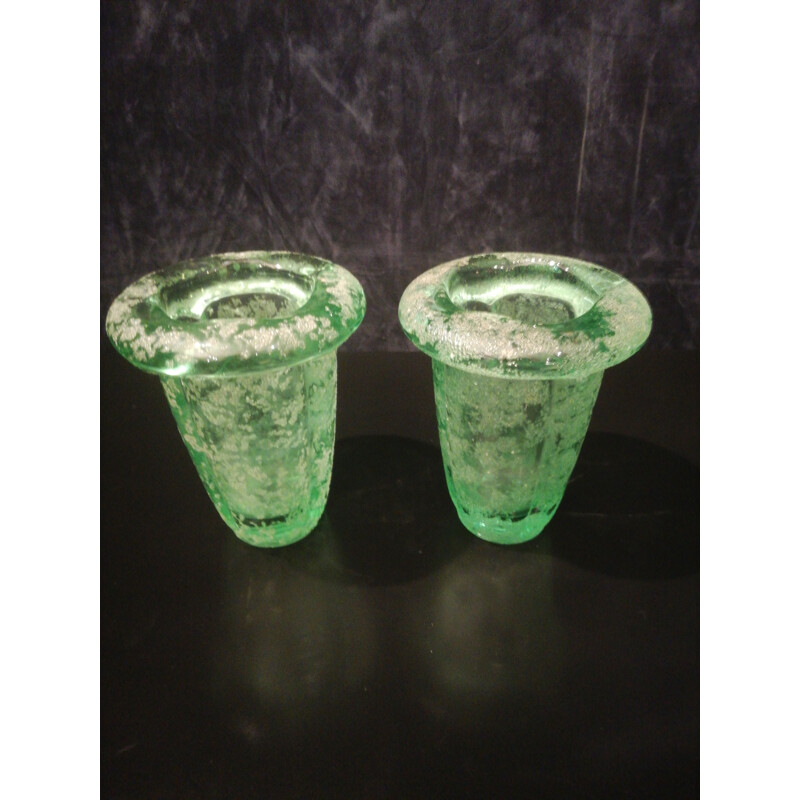 Pair of green molded glass vases