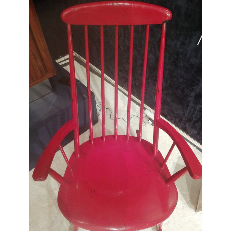 Vintage red rocking chair by Ilmari Tapiovaara