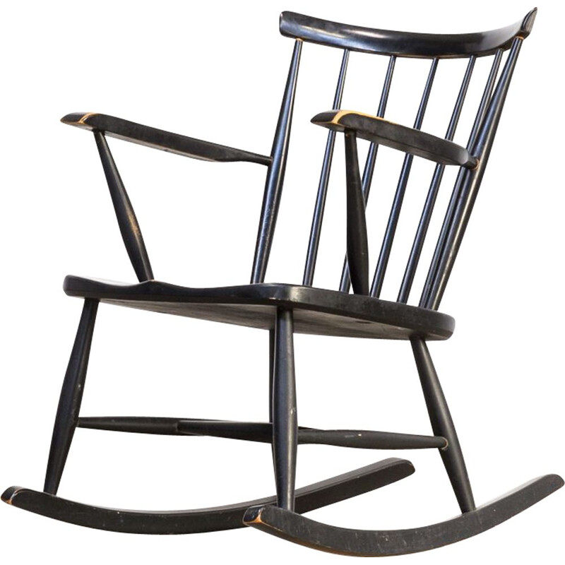 Chaise à bascule vintage en bois laqué noir années 70