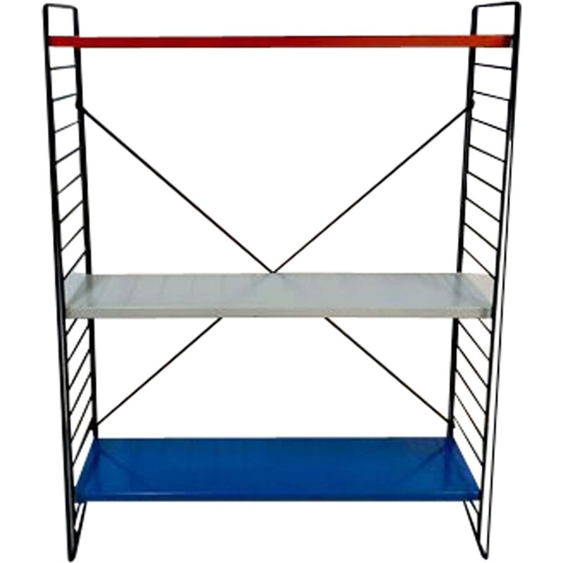 Vintage Shelving Unit Metal by A. D. Dekker for Tomado in red blue and grey metal 1960s