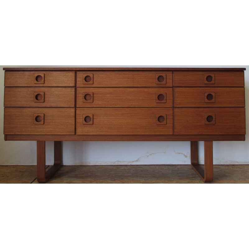 Long chest of 9 drawers in teak by Shreiber