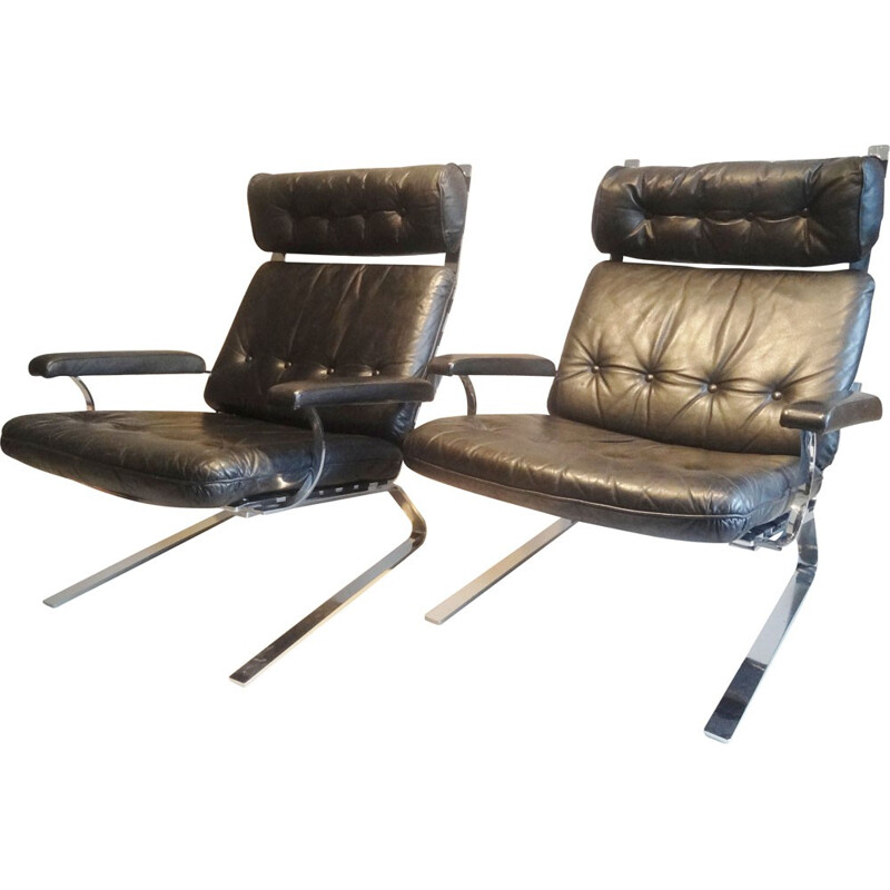 Large lounge armchair in leather and steel, Olivier MOURGUE - 1970s