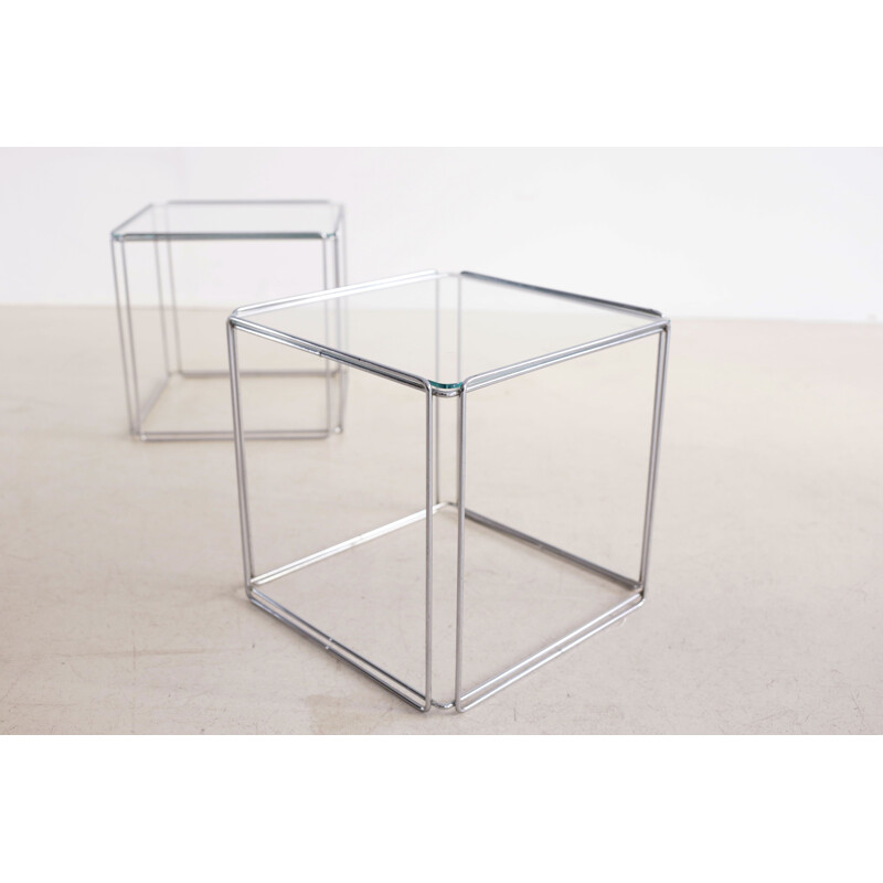 Pair of glass and metal bedside tables by Max Sauze