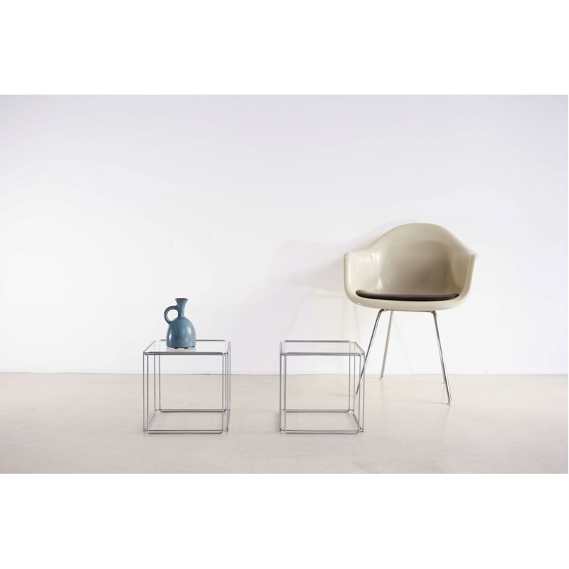 Pair of glass and metal bedside tables by Max Sauze