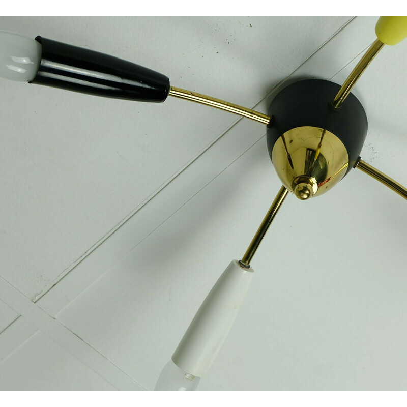 Vintage ceiling lamp 4 arms Sputnik in brass and plastic 1950s