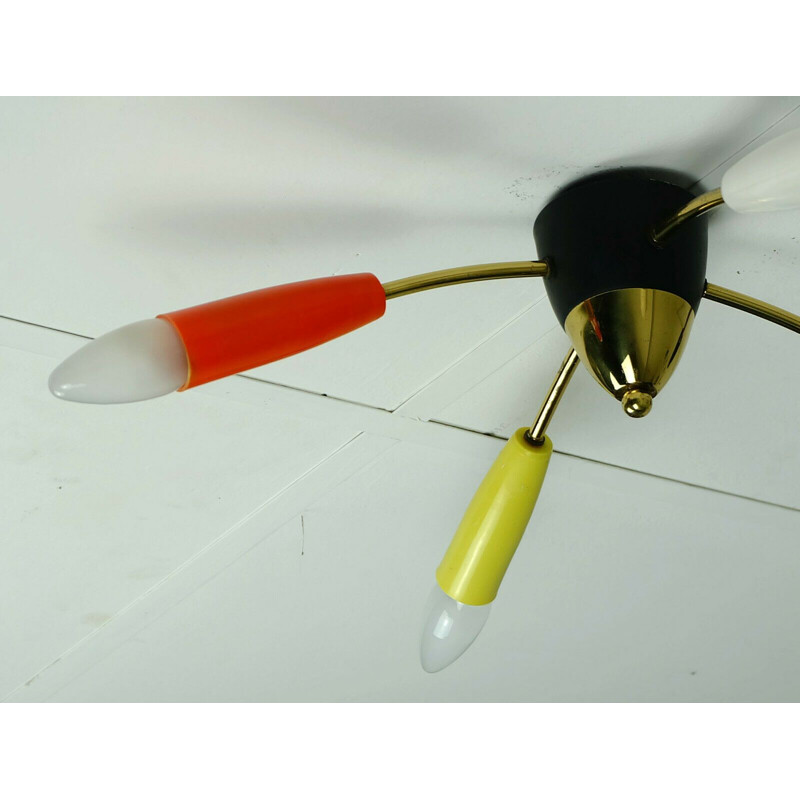 Plafonnier vintage 4 bras Sputnik en laiton et plastique années 1950