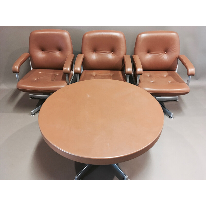 Set of 5 vintage armchairs and table in leather 1960