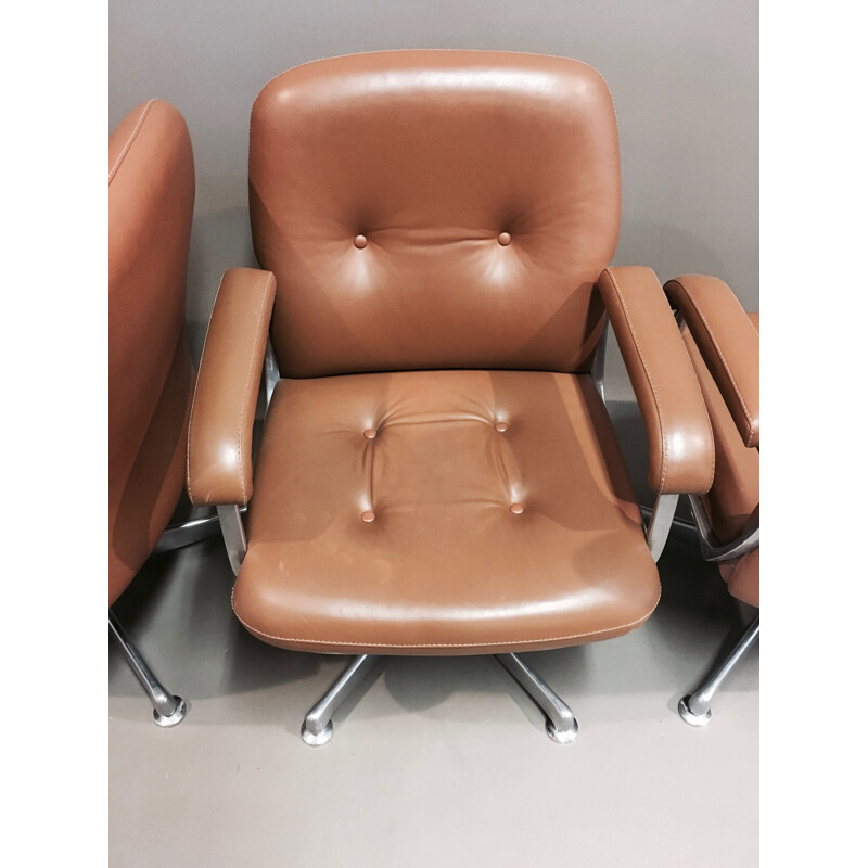 Set of 5 vintage armchairs and table in leather 1960