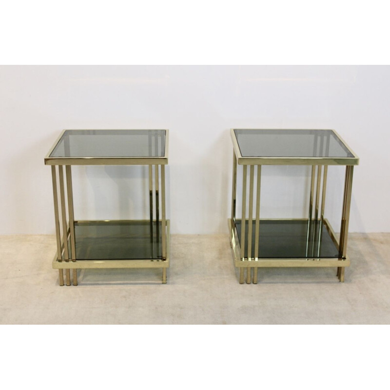 Pair of vintage side tables Graphical Brass and Glass France 1970s