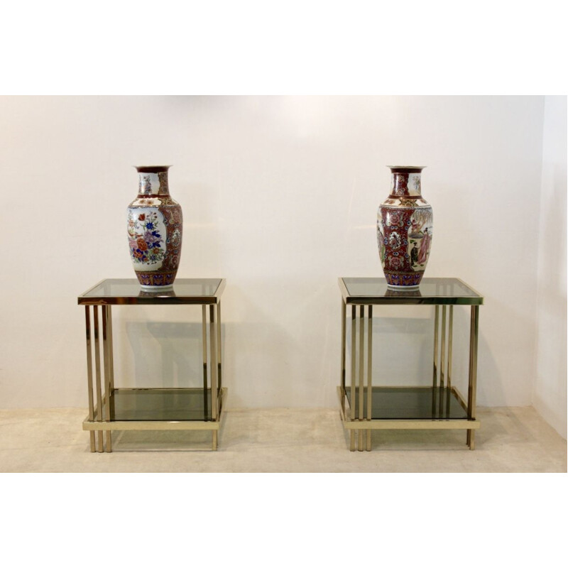 Pair of vintage side tables Graphical Brass and Glass France 1970s