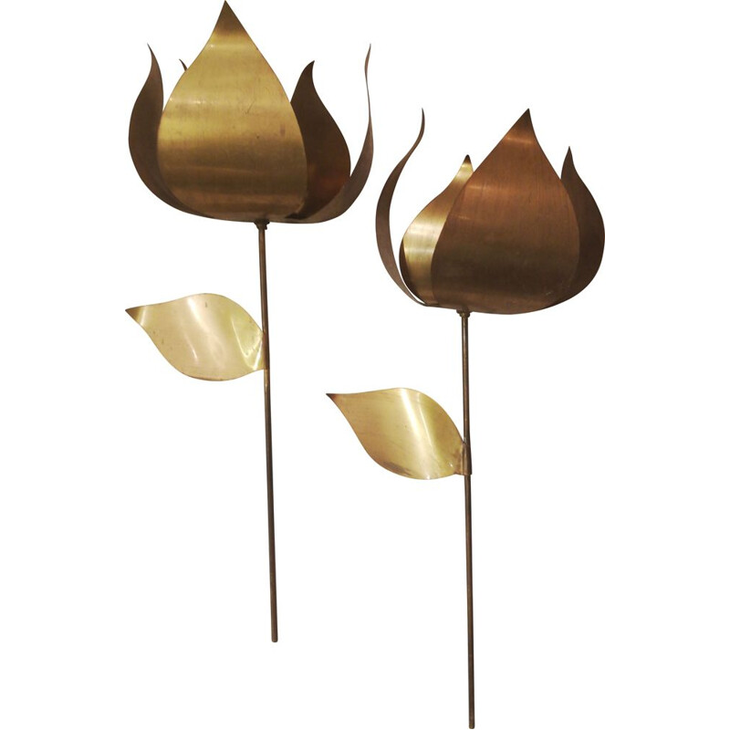 Pair of flower wall lamps in brass