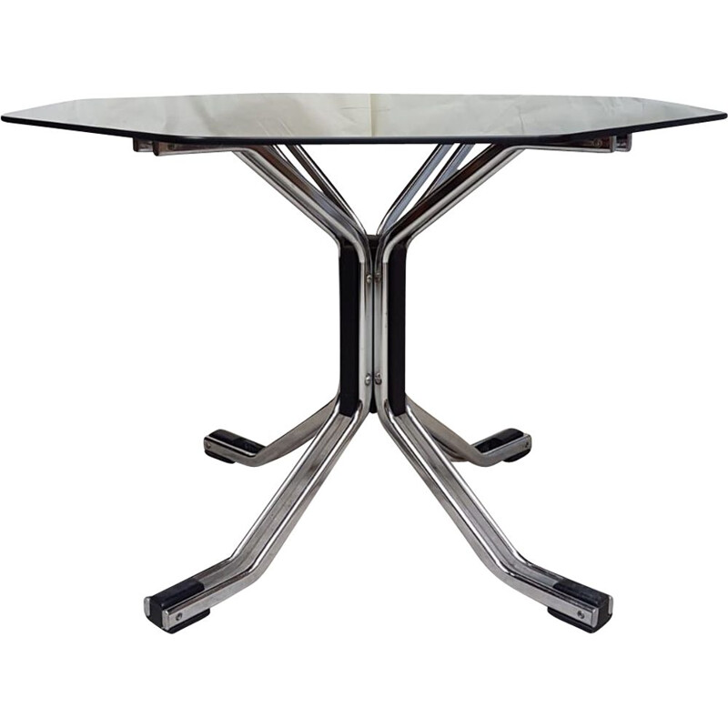 Table vintage en métal chromé avec plateau en verre
