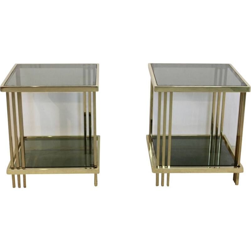 Pair of vintage side tables Graphical Brass and Glass France 1970s