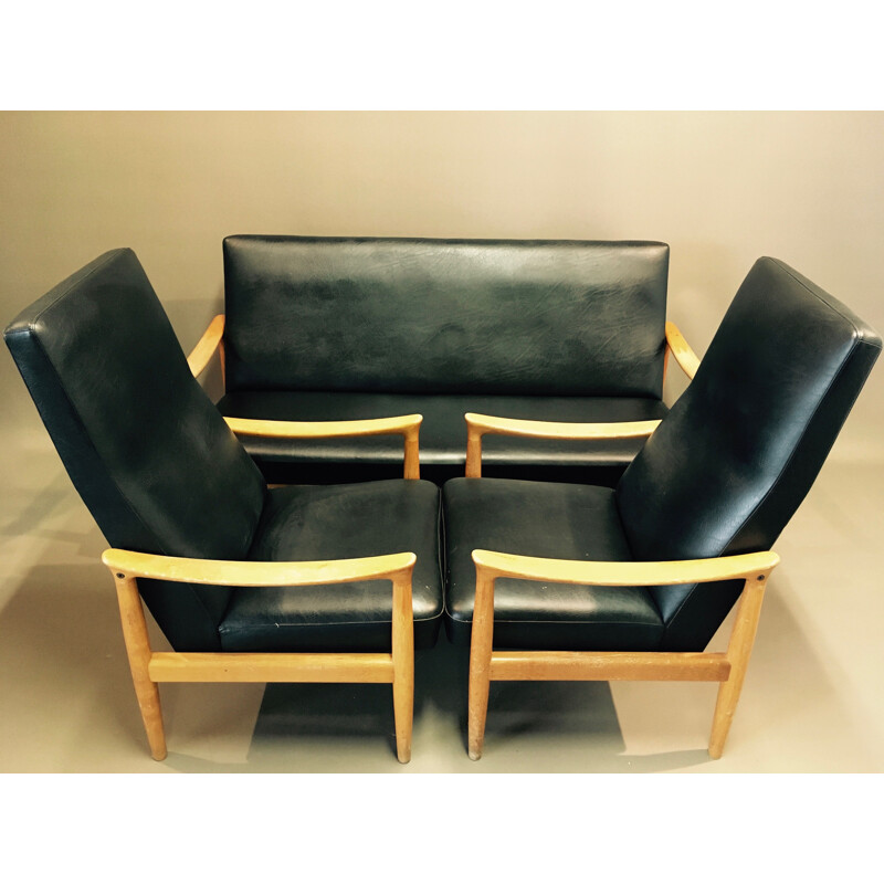 Ensemble de salon vintage canapé et 2 fauteuils Fritz Hansen Scandinave 1950