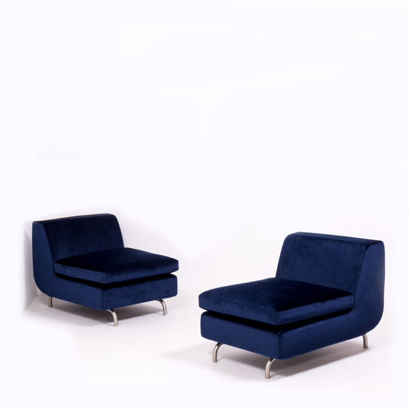 Série de 2 fauteuils vintage Debuffet en velours bleu par Rodolfo Dordoni pour Minotti