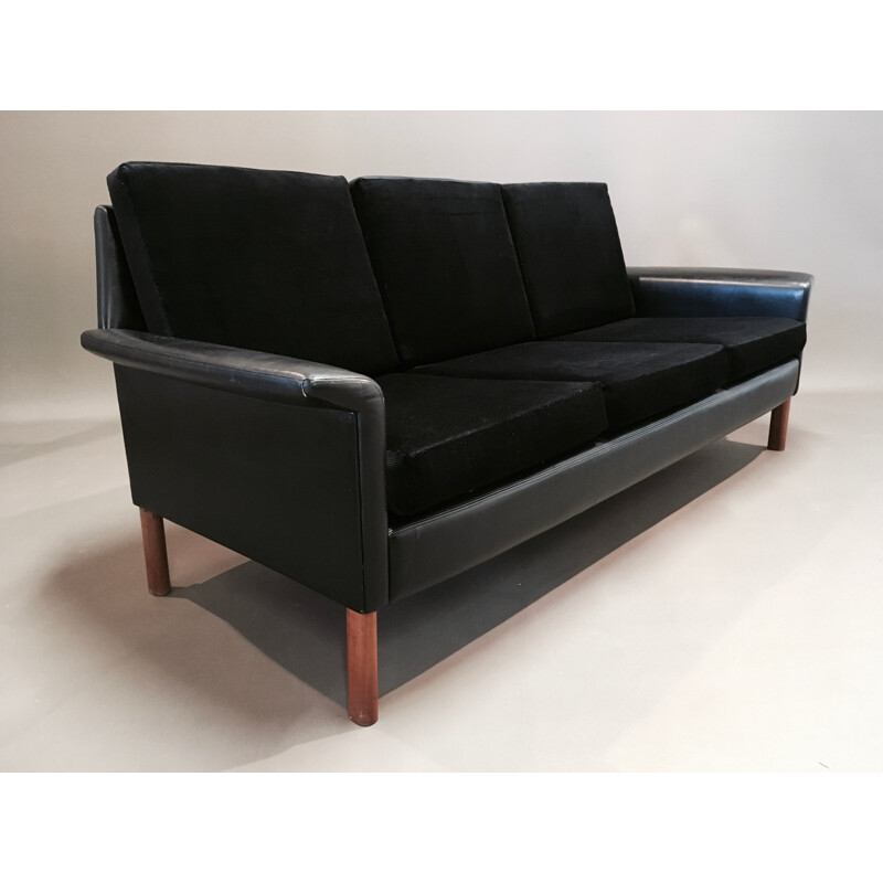 Vintage 3 seater sofa in leather and black velvet 1950