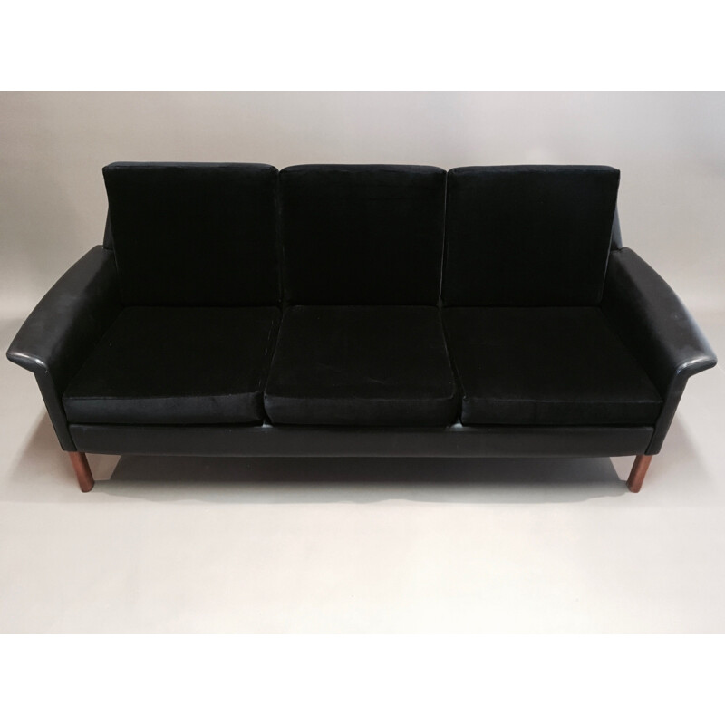 Vintage 3 seater sofa in leather and black velvet 1950