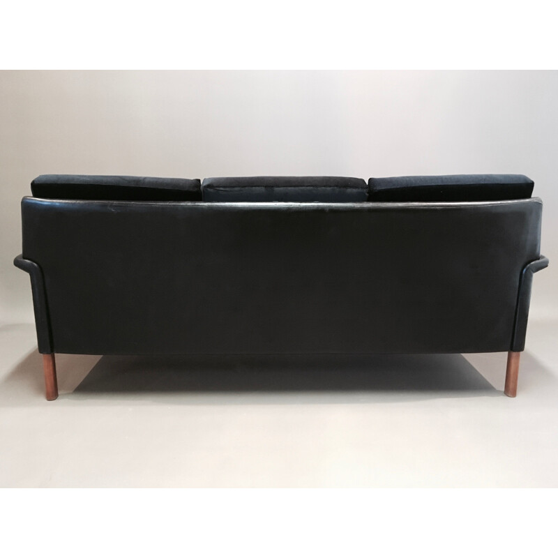 Vintage 3 seater sofa in leather and black velvet 1950