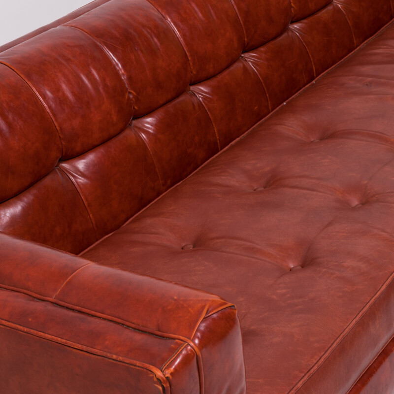 Vintage Tuxedo red leather sofa by Milo Baughman 1950s