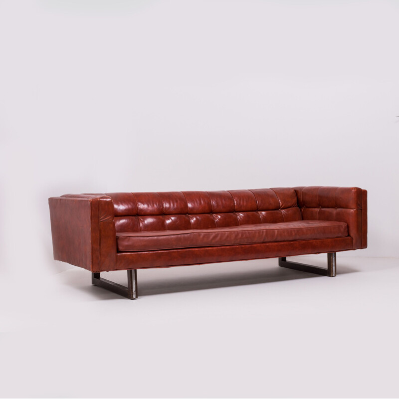 Canapé en cuir rouge vintage Tuxedo par Milo Baughman 1950