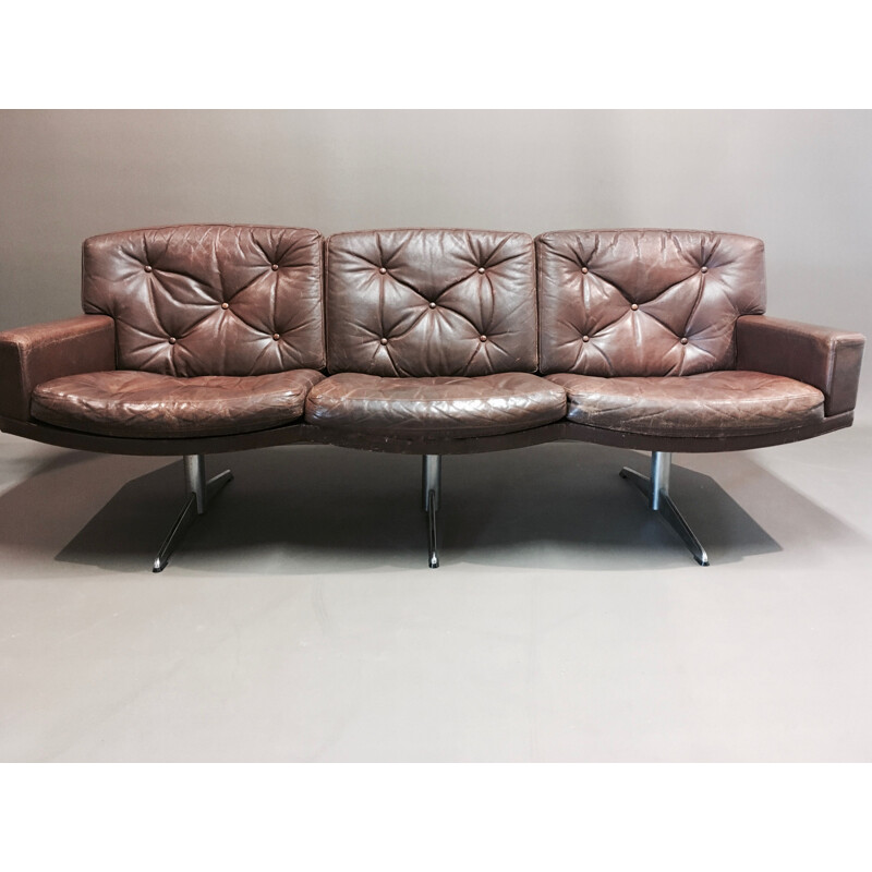 Vintage 3 seater sofa in brown leather and chrome 1950s