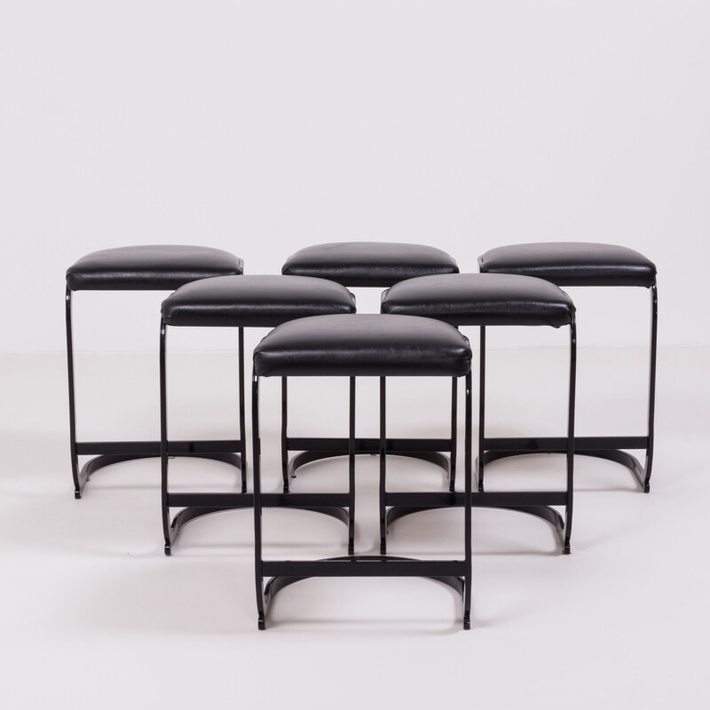 Set of 6 vintage black metal and leather stools