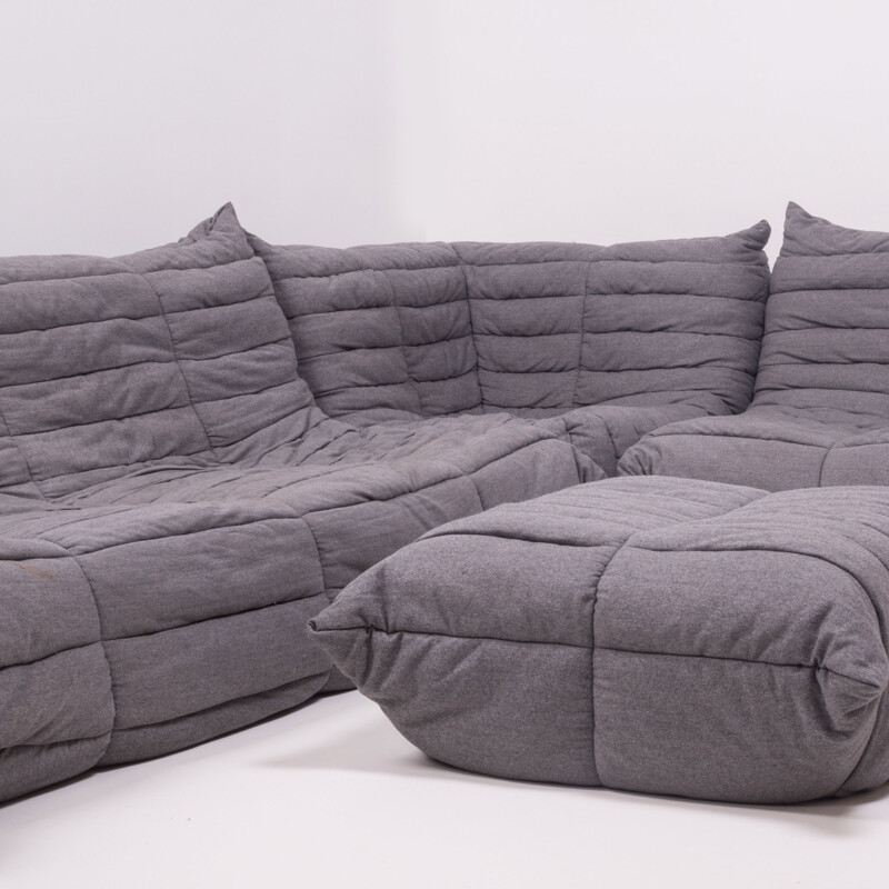 Set of 4 pieces vintage grey fabric modular sofa and footstool by Michel Ducaroy for Ligne Roset