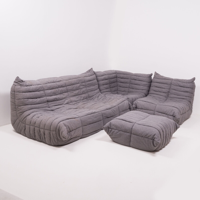 Set of 4 pieces vintage grey fabric modular sofa and footstool by Michel Ducaroy for Ligne Roset