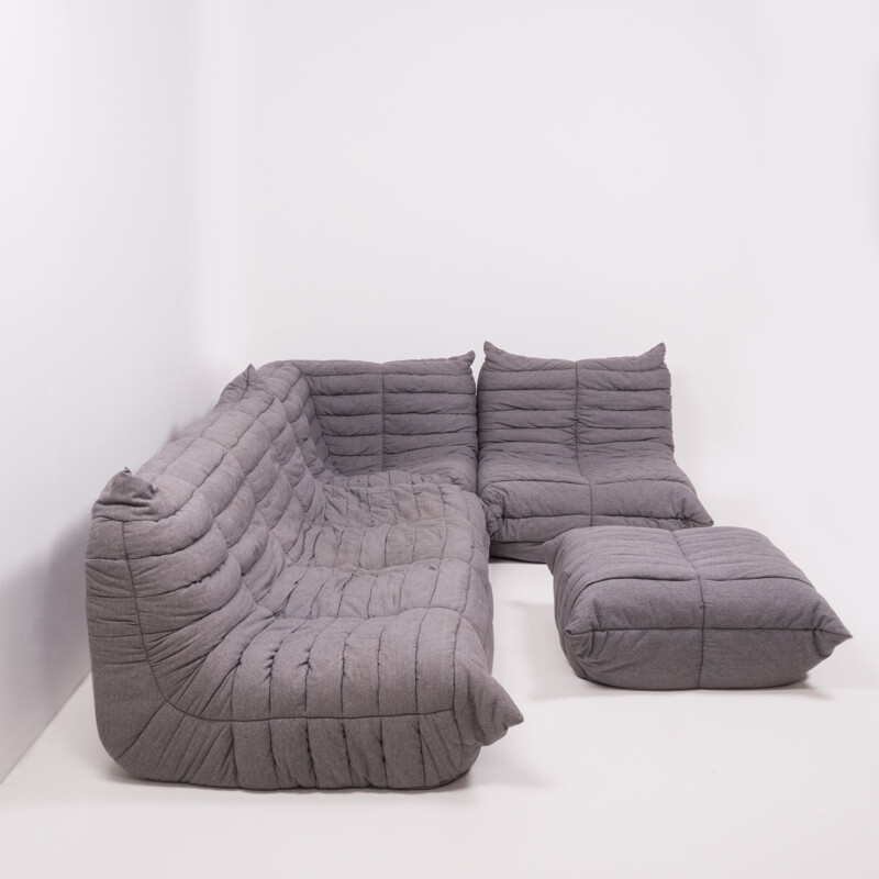 Set of 4 pieces vintage grey fabric modular sofa and footstool by Michel Ducaroy for Ligne Roset