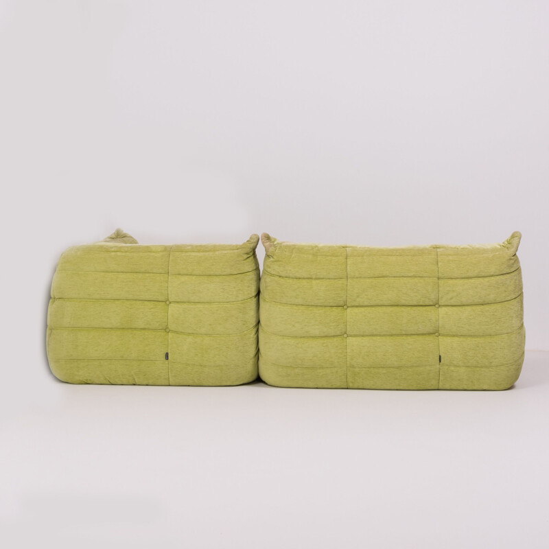 Set of 2 ogo lime green fabric modular sofa by Michel Ducaroy for Ligne Roset