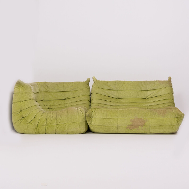 Set of 2 ogo lime green fabric modular sofa by Michel Ducaroy for Ligne Roset