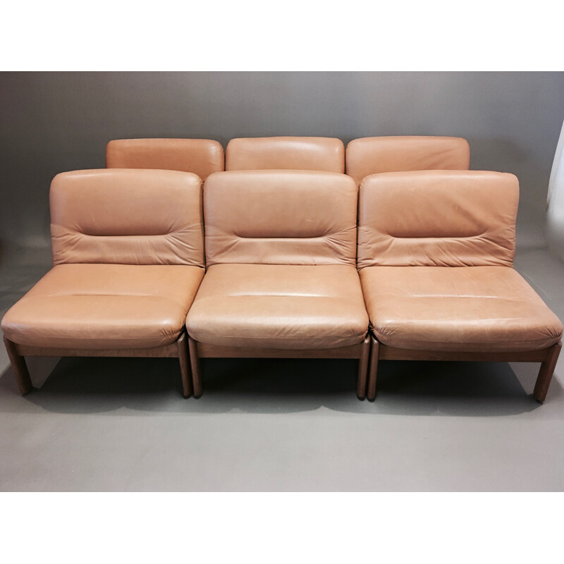 Ensemble de 6 fauteuils modulables en teck et cuir 1960