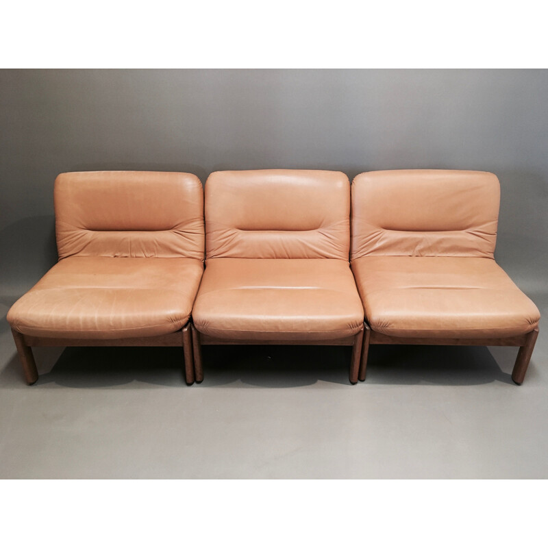 Ensemble de 6 fauteuils modulables en teck et cuir 1960