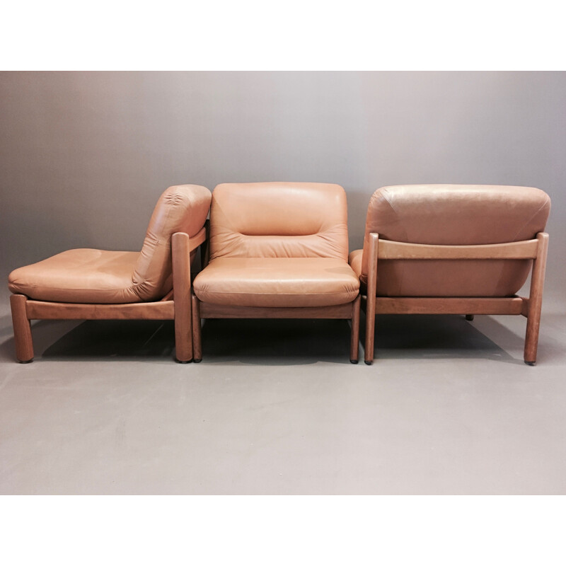 Ensemble de 6 fauteuils modulables en teck et cuir 1960