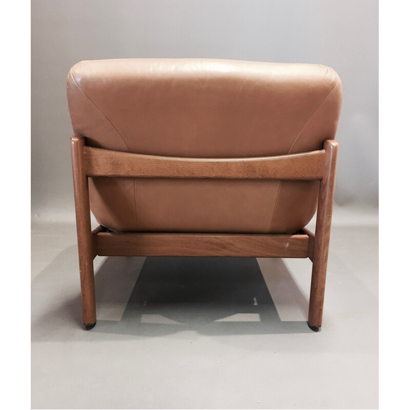 Ensemble de 6 fauteuils modulables en teck et cuir 1960